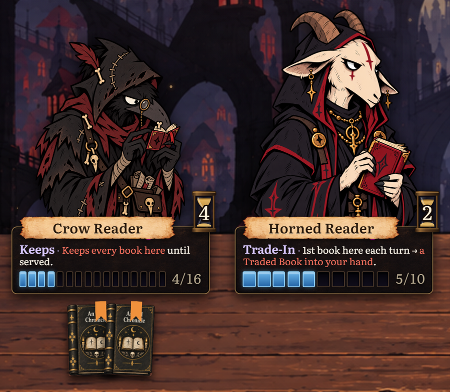 The Crow Reader with Keeps, still holding two books with lantern ribbons