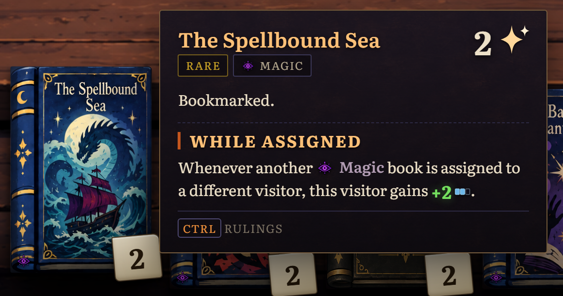 The Spellbound Sea. Bookmarked. While assigned: whenever another Magic book is assigned to a different visitor, this visitor gains +2.