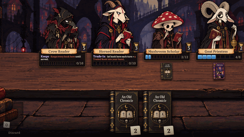 At End Turn, books fly from the visitors back to the discard pile while their Fulfillment bars stay filled